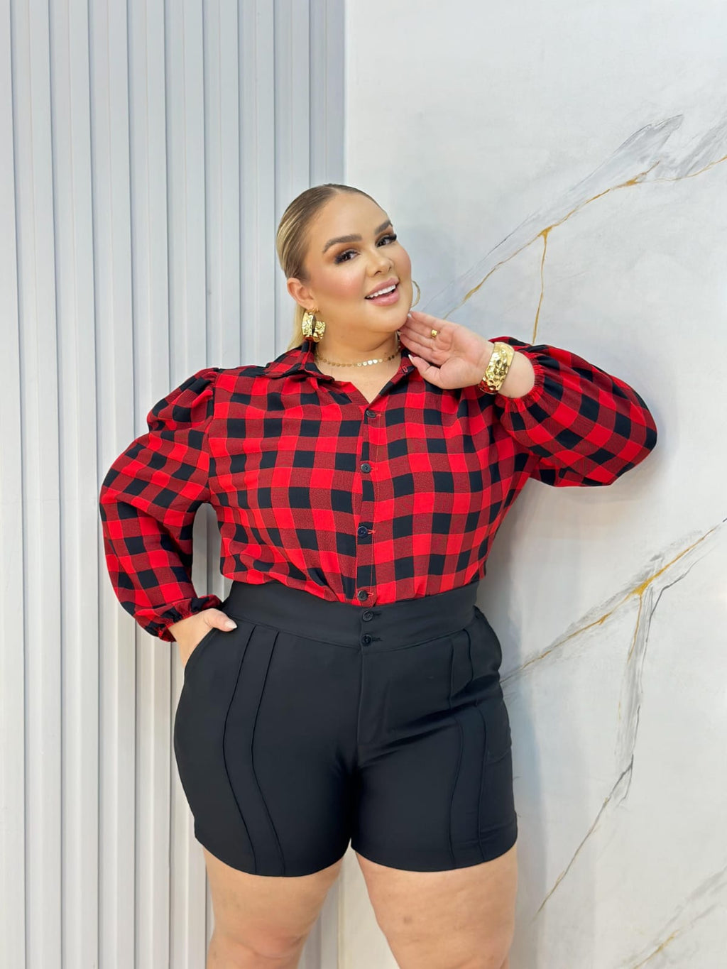 Blusa Xadrez Vermelha – Crepe Dunna