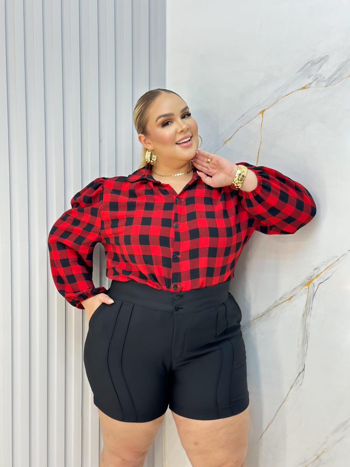 Blusa Xadrez Vermelha – Crepe Dunna