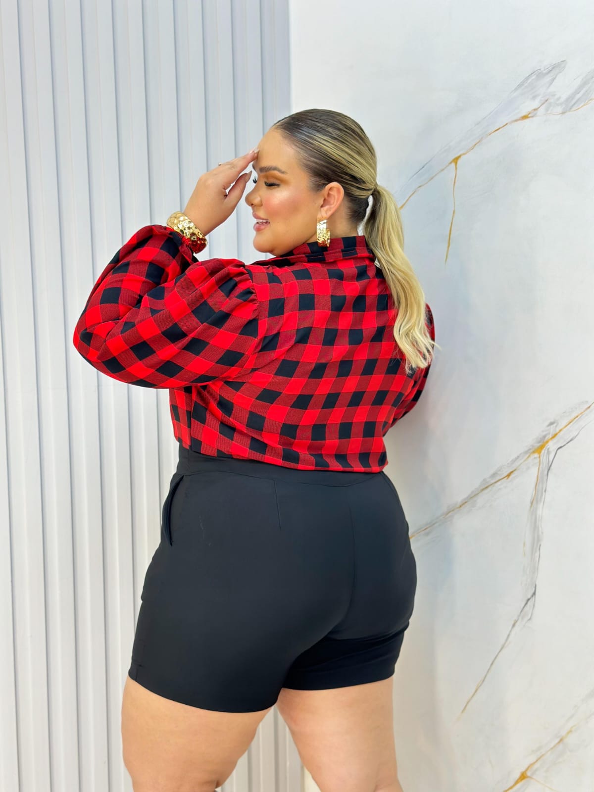 Blusa Xadrez Vermelha – Crepe Dunna