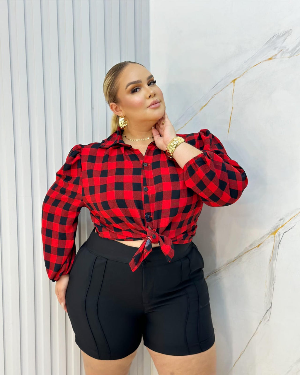 Blusa Xadrez Vermelha – Crepe Dunna